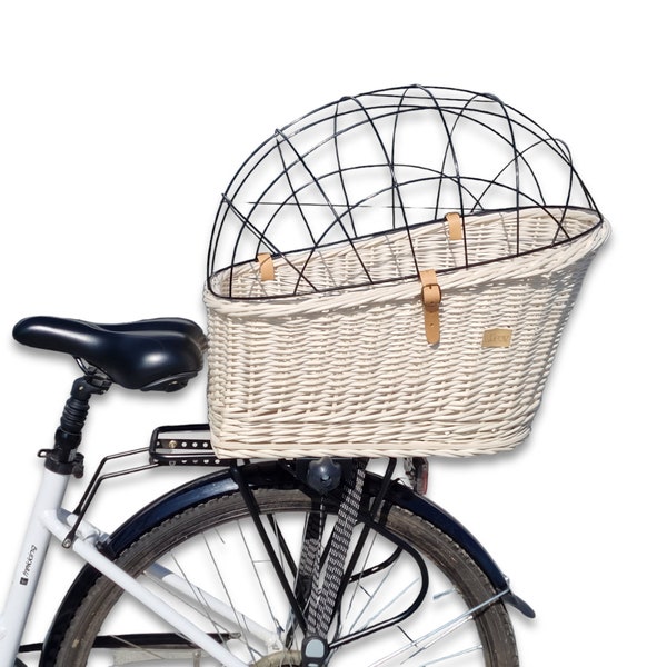 Porte-bagage pour vélo Wiklibox en osier pour chien ou chat de couleur écru (crème) avec COUSSIN, bouton de réglage et cage en fer massif. Non peint !