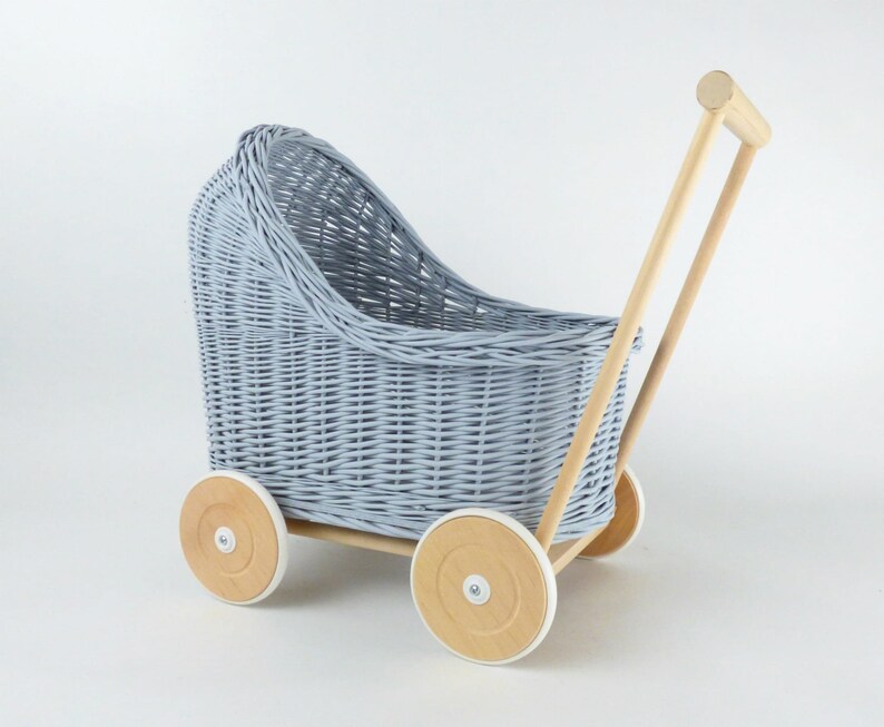 Wiklibox natural wicker /& beech wood doll/'s pram in GRAY color Baby walker