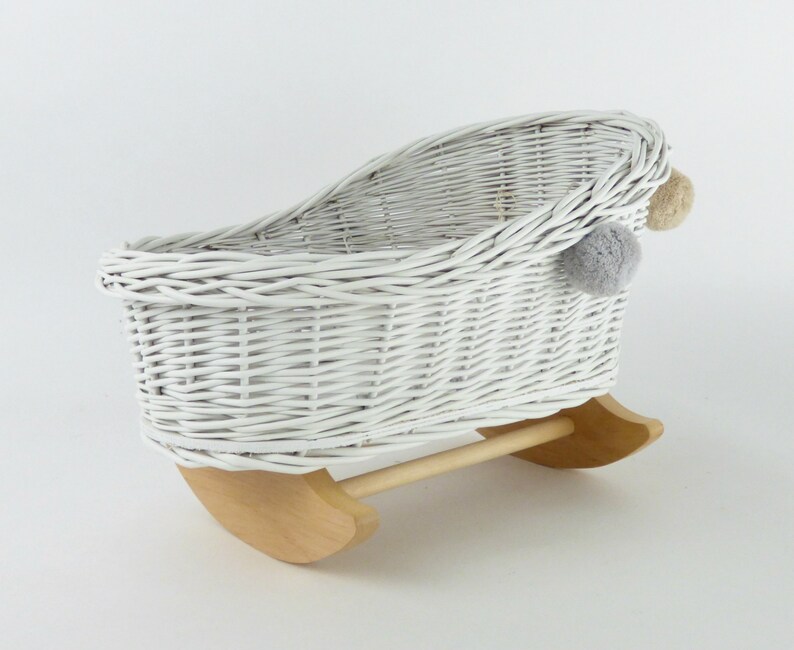 Wiklibox wicker /& beech wood doll/'s cradle in WHITE color with pompoms Polish product