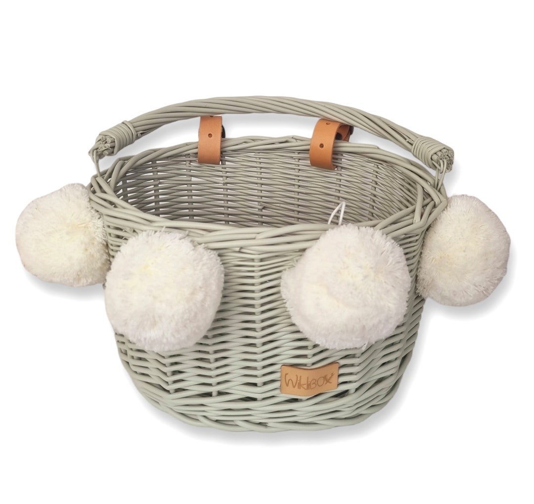 Wiklibox Wicker Bike Basket for Kids in OLIVE Color Mounted on Belts With Pompoms variants Etsy