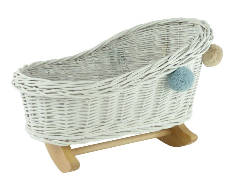 Wiklibox wicker /& beech wood doll/'s cradle in WHITE color with pompoms Polish product
