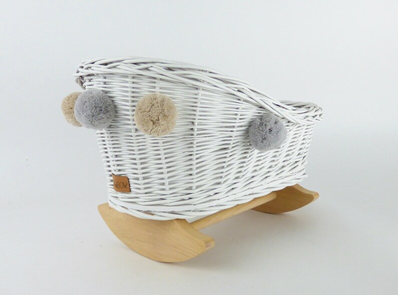 Wiklibox wicker /& beech wood doll/'s cradle in WHITE color with pompoms Polish product