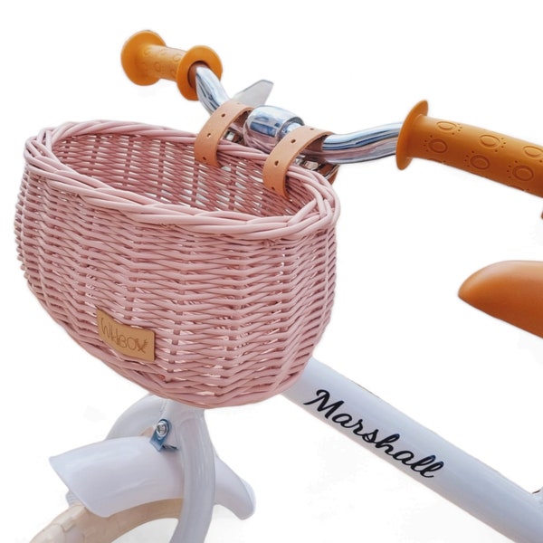 Wiklibox wicker bike basket for kids mini DUMPY in DUSTY PINK color mounted on belts. Balance bike basket. Scooter basket