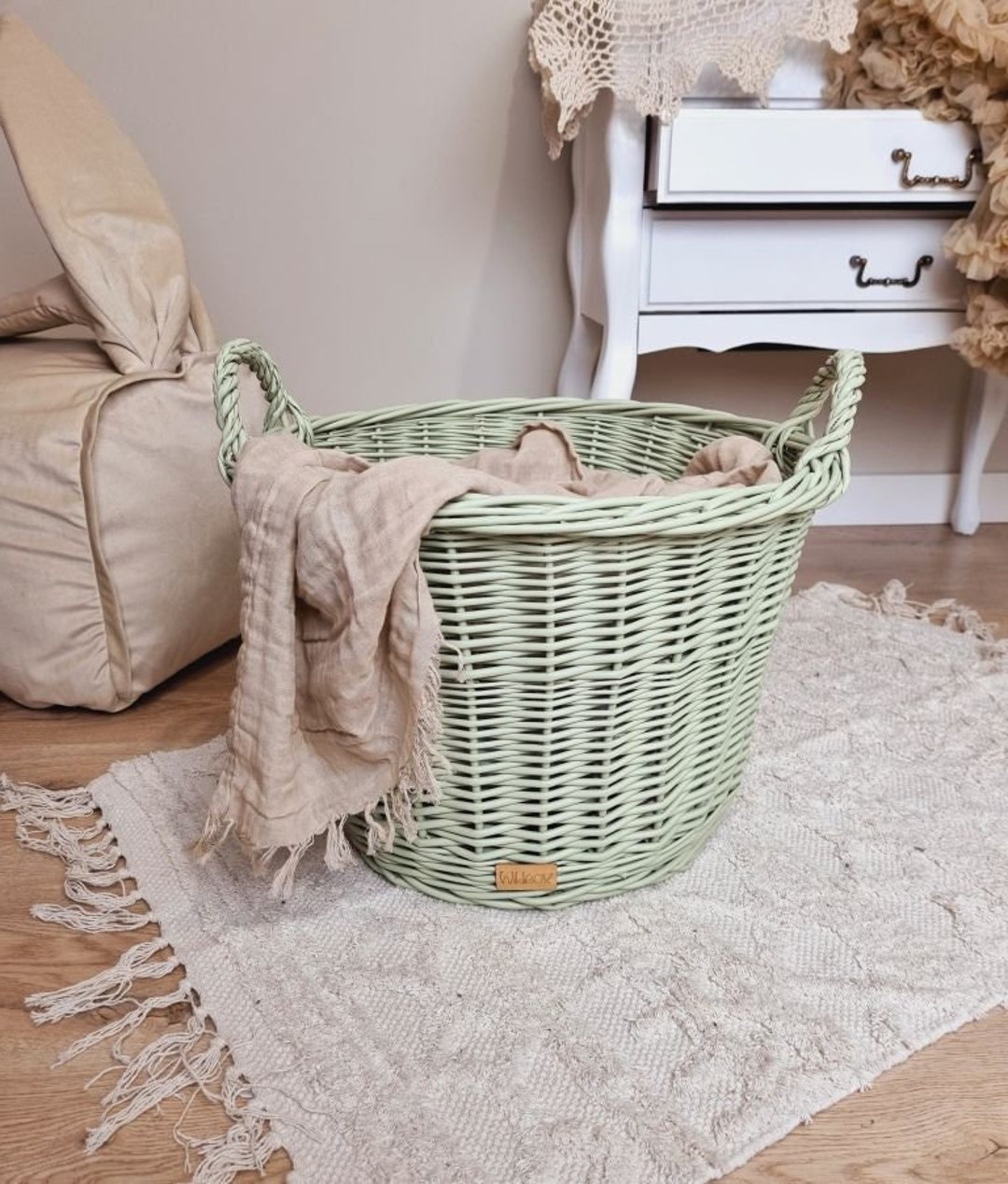 Wiklibox Wicker Toys Basket in OLIVE Color. Antiallergic Paint. Polish