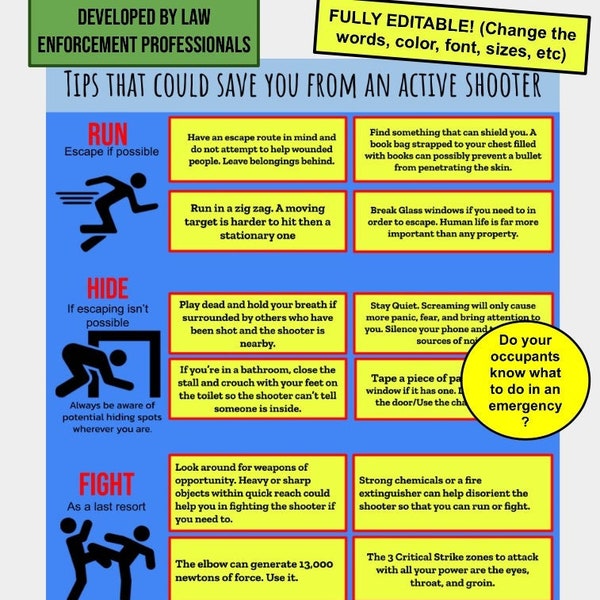 ACTIVE SHOOTER PLAN tips Emergency flyer/poster template (Editable Digital Download) Run, hide, fight printable for preparedness