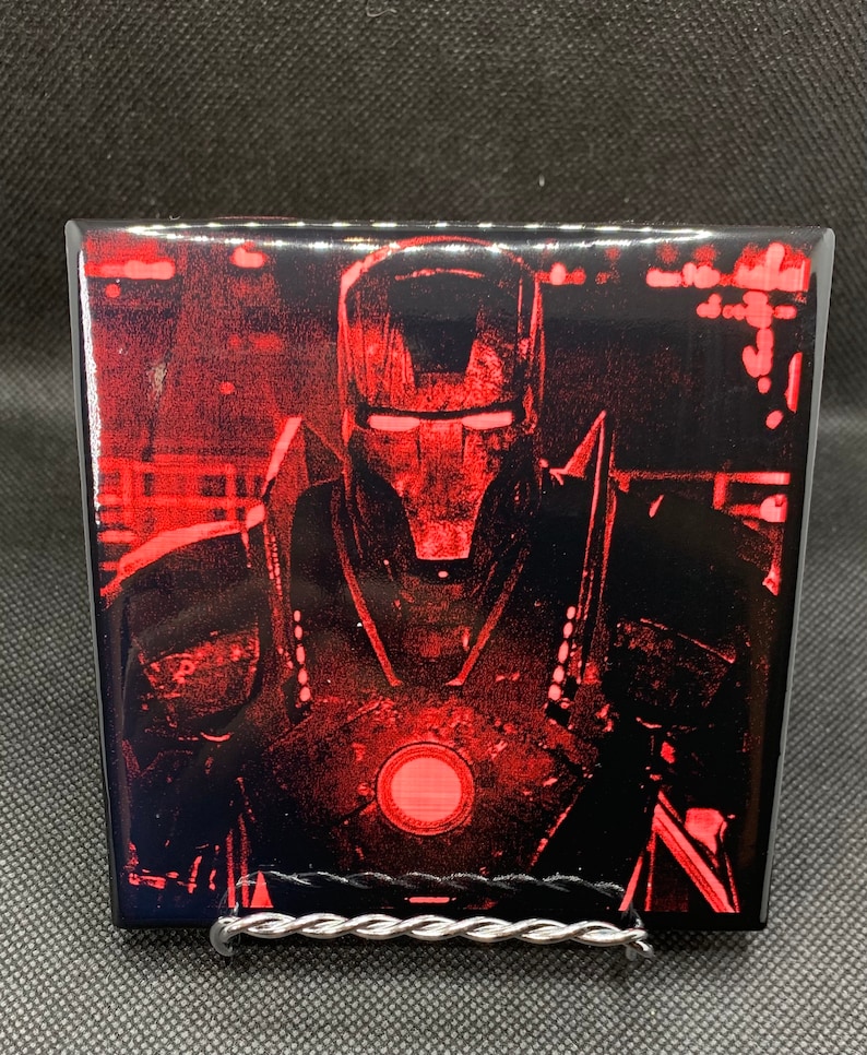 Laser engraved tile iron man