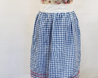 Blue Half Apron Plaid Skirt Apron Country Style Half Apron Checkered Blue Apron with Random Stitch Embroidery Juniors Misses Apron
