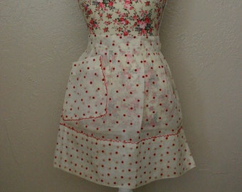 Red Polka Dot, Sheer Half Hostess Apron, Pocket