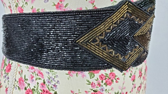 Gold and Black Beaded Belt, V Shape Cinch Belt, V… - image 4