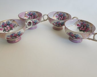 Set of 4 Pink Floral Celebrate Teacups, Pedestal Tea Cup, Vintage JAPAN Pink Floral Tea Cup