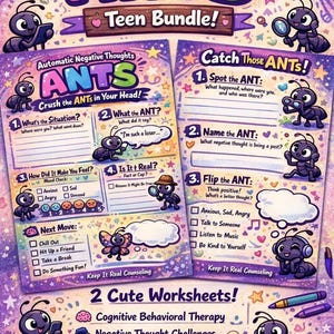 Op de afbeelding: Een kleurrijke "ANTS Teen Bundle" poster met werkbladen voor cognitieve gedragstherapie. Het ontwerp bevat cartoonmieren en tekst zoals "Crush the ANTs in Your Head!" en "Catch Those ANTs!" om te helpen met negatieve gedachten.