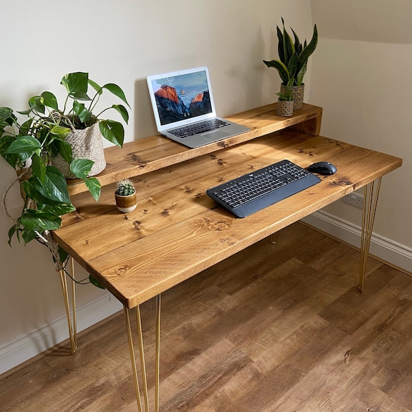 Rustic Desk for Home Office Desk Hairpin Legs Steel Legs Reclaimed Desk Wood Desk With Shelf Gaming Desk With Tray Add on Desk BRASS Legs