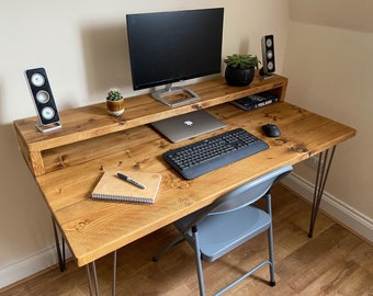 Rustic Desk for Home Office Desk Hairpin Legs Steel Legs Reclaimed Desk Wood Desk With Shelf Gaming Desk With Tray Add on Cable Management