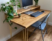 Rustic Computer Desk and Monitor Shelf - Brass Hairpin Legs - Rustic Desk - Office Desk - Home office-Music Desk for Speakers -