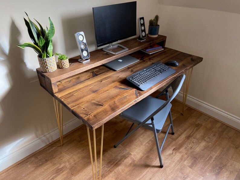 Rustic Computer Desk and Monitor Shelf Brass Hairpin Legs Etsy UK