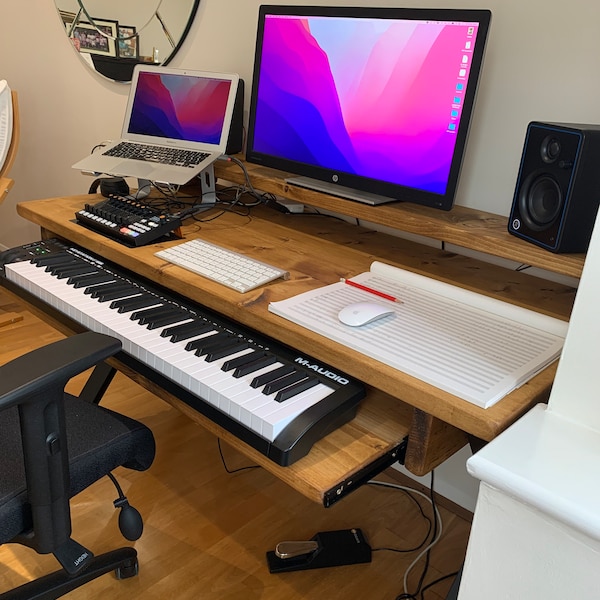 Studio Desk with Keyboard Tray - Gaming Setup - Wooden Studio Desk With Slide Out Tray and Monitor Stand - Home Office for Music Speakers