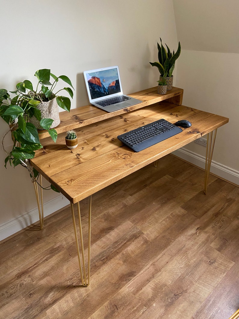 Rustic Computer Desk and Monitor Shelf Brass Hairpin Legs Etsy UK