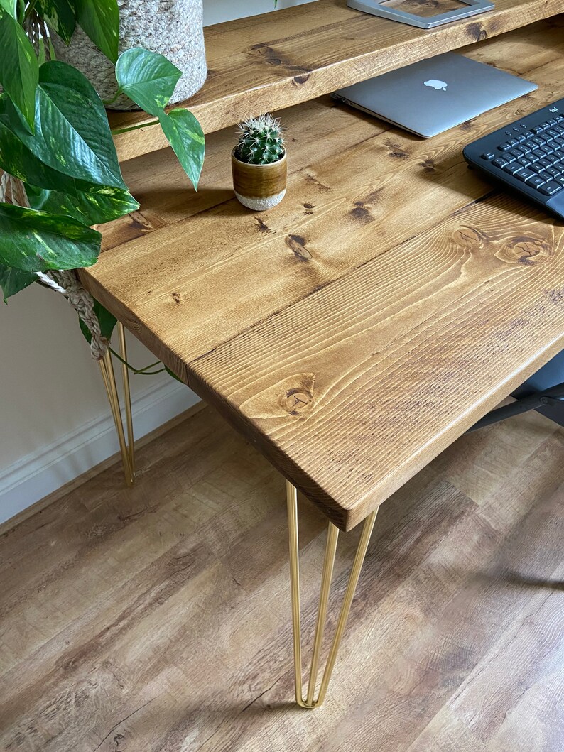 Rustic Computer Desk and Monitor Shelf Brass Hairpin Legs Etsy UK