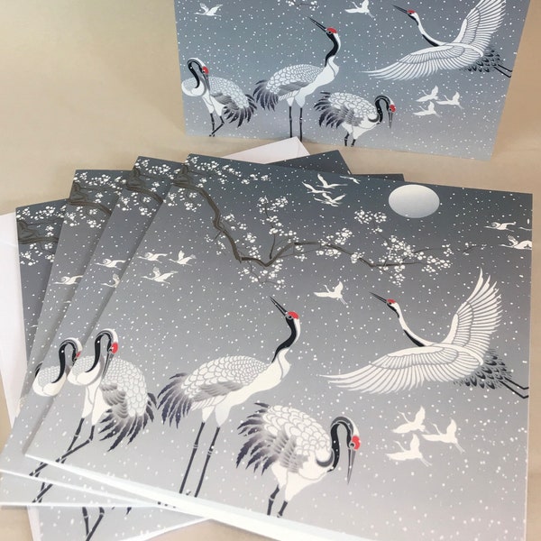 5 Pack- Japanese Cranes Snowy Scene Greetings Card ©