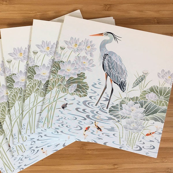 Heron et Lotus Waterlilies Cards (5 Pack) ©