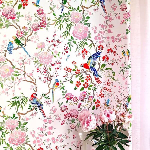 Parrot and Peony Chinoiserie All-Over Stencil ©