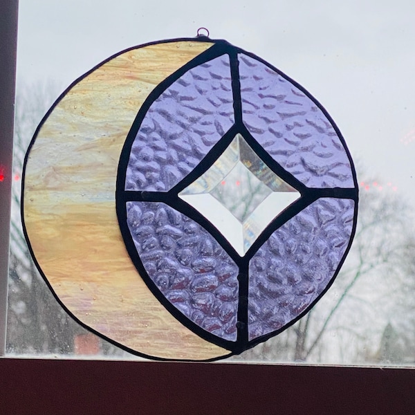 Stained glass moon, stained glass sun catcher, window hanging, moon art, celestial decor, moon and star decor, moon and star stained glass,