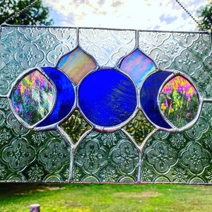 Stained Glass Triple Moon Goddess Panel, Whimsy Decor, Bohemian Decor, Moon Phases, Stained Glass Moon Phase, Astrology, Magick, Halloween