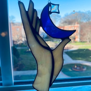 Stained Glass Moon Sun Catcher, Stained Glass Moon Window hanging, Handing holding Moon