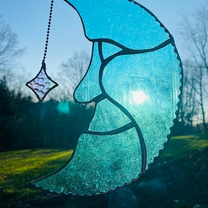 Moon Sun Catcher, Stained Glass Moon Sun Catcher, Stained Glass Art, Man on the Moon, Sun Catcher, Window Hanging