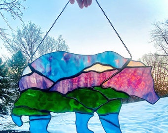 Stained Glass Bear, Sun Catcher, Bear Wall Art, Stained Glass Panel, Stained Glass Window, Bear Gift, Bear, Mountain Scene, Mountain Art