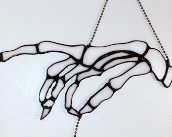 Stained Glass Skeleton Anatomical Hand Suncatcher Window Hanging Spooky Halloween Decor Rose Art Glass Unique Gift Anniversary Housewarming