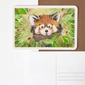 Illustration d’aquarelle animale - Carte postale peinte à la main A6 - Belle illustration d’un panda rouge dans la nature