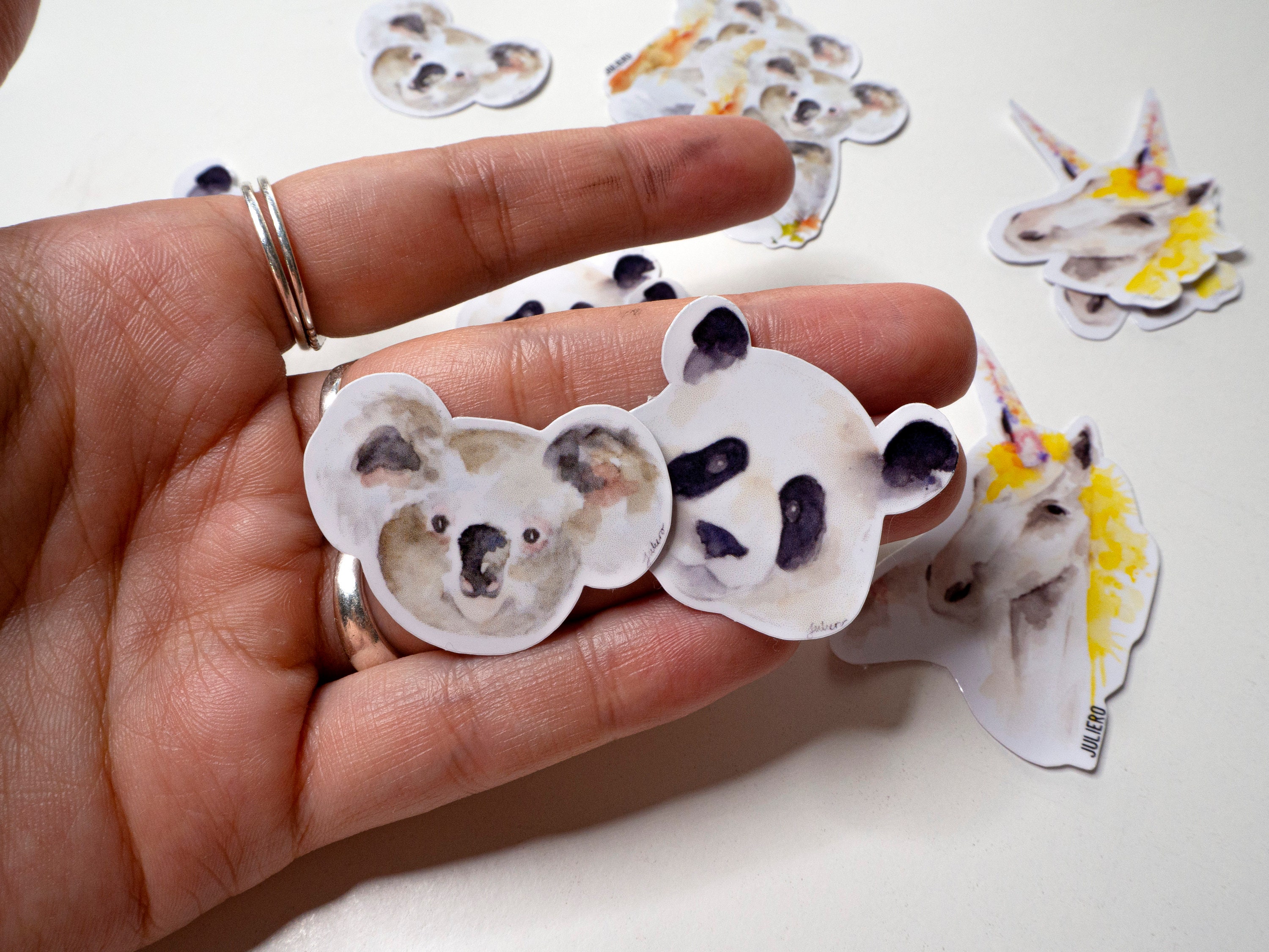 Decorative watercolor sticker of animals: panda, koala and unicorn, ideal for decorating mobile and other surfaces. Weather resistant.