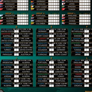 May include: A detailed schedule of sports events, featuring team names and dates. The grid-like layout displays information in a clear, organized manner, with multiple columns and rows for easy readability.