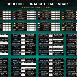 May include: A schedule bracket calendar with group stage and final tables. The calendar displays match times and locations for various teams, including the United States, Brazil, and Germany. The schedule is color-coded.