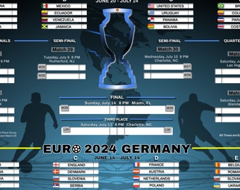 Copa America 2024 USA & EURO 2024 Germany Schedule Bracket Wallchart | 2 Tournaments in 1 Soccer Poster Football Calendar Scorecard | 33x27