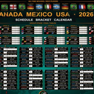 May include: A schedule bracket calendar for the 2026 FIFA World Cup, featuring group stage and final table information. Includes team flags, match times, and locations for various groups.
