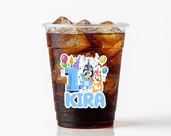 Personalized Bluey Birthday Cups, Custom Name Age Party Clear Plastic Drinkware