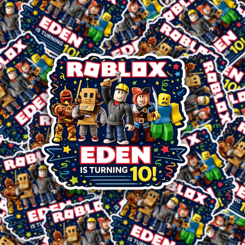 May include: A rectangular sticker featuring the Roblox logo and five blocky character figures. The text reads "EDEN IS TURNING 10!" in bold white and yellow letters against a dark blue background decorated with colorful confetti and star shapes.