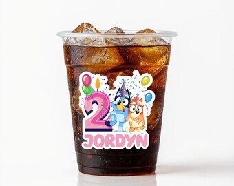 Bluey Girl Birthday Cups, Pink Custom Name Age Party Clear Plastic Drinkware