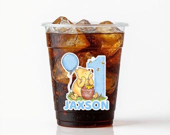 Personalized Winnie the Pooh Birthday Cups, Custom Name Age Party Clear Plastic Drinkware