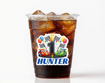 Personalized Race Car Birthday Cups, Custom Name Age Party Clear Plastic Drinkware