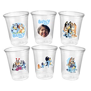 Bluey Plastic Party Cups - Custom Face Party Cups - Custom Party Cups - Clear Plastic Cups - Bluey Cups - Disposable Cups - Set of 6