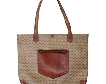 Vintage 1970s GUCCI Tote | Monogrammed 70s GUCCI Large Tote | Leather Trim Gucci Bag