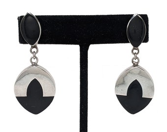 Vintage Black Onyx Round Abstract Modernist Minimalist Silver Earrings