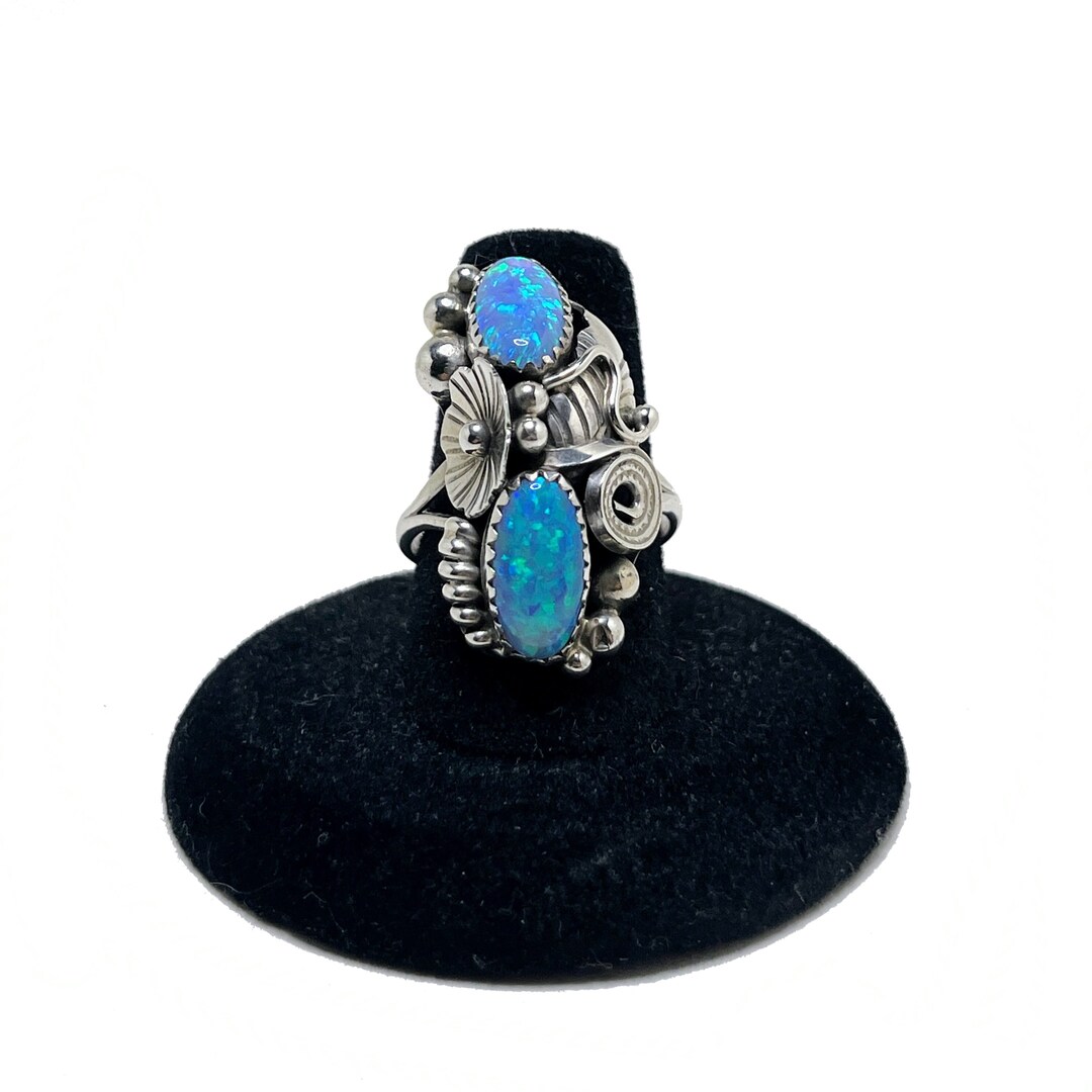 Blue OPAL Ring 8 Vintage NATIVE Opal Jewelry Signed Max Calabaza Ring