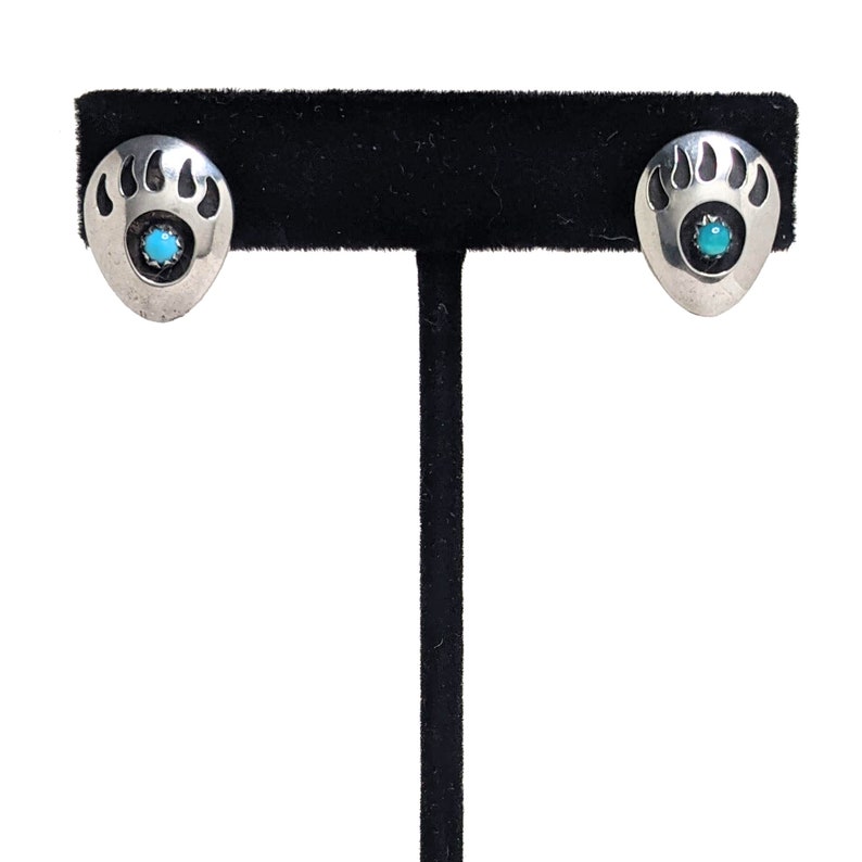 TURQUOISE Bear Paw Earrings Native American Jewelry Shadowbox Turquoise Earrings Bear Fetish Jewelry Vintage 1980s 80s Sterling