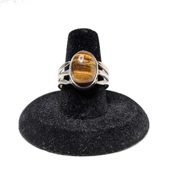 Vintage Mid Century Silver Ring Tigereye Sterling Size 6-adj
