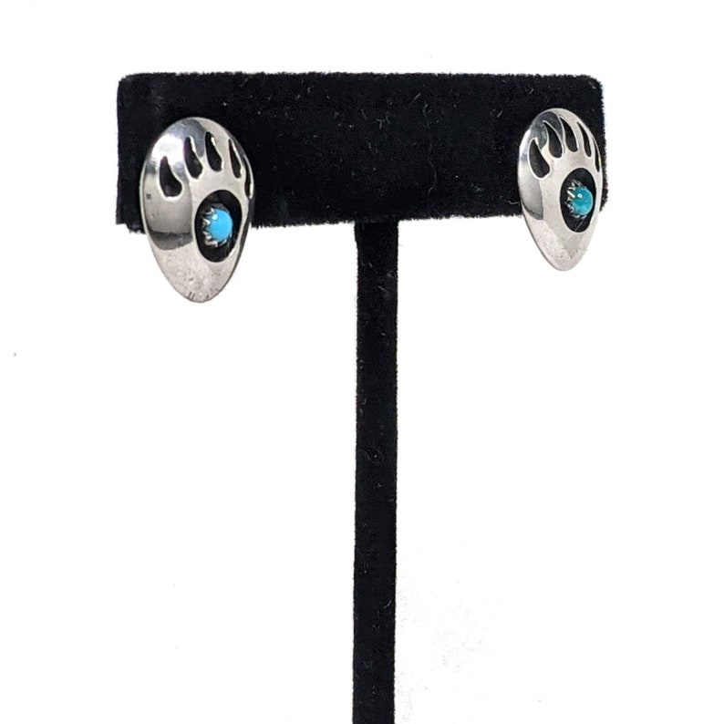 TURQUOISE Bear Paw Earrings Native American Jewelry Shadowbox Turquoise Earrings Bear Fetish Jewelry Vintage 1980s 80s Sterling