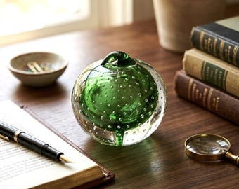 Lefton Glass Apple Paperweight, w/Label, Vintage circa 1950s